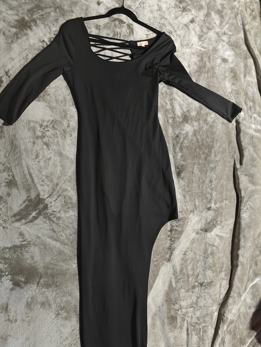 L8teR Black Asymmetrical One-Sleeve Dress with Crisscross Back